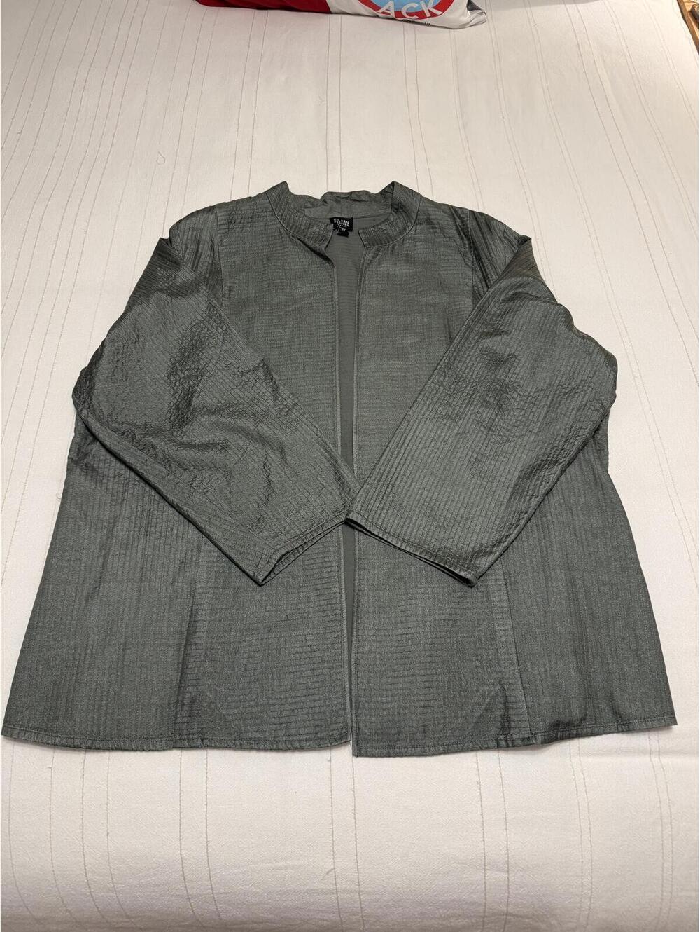 Eileen Fisher Woman 100% Tussah Silk Open Front Jacket Gray Green Plus Size‎ 2X